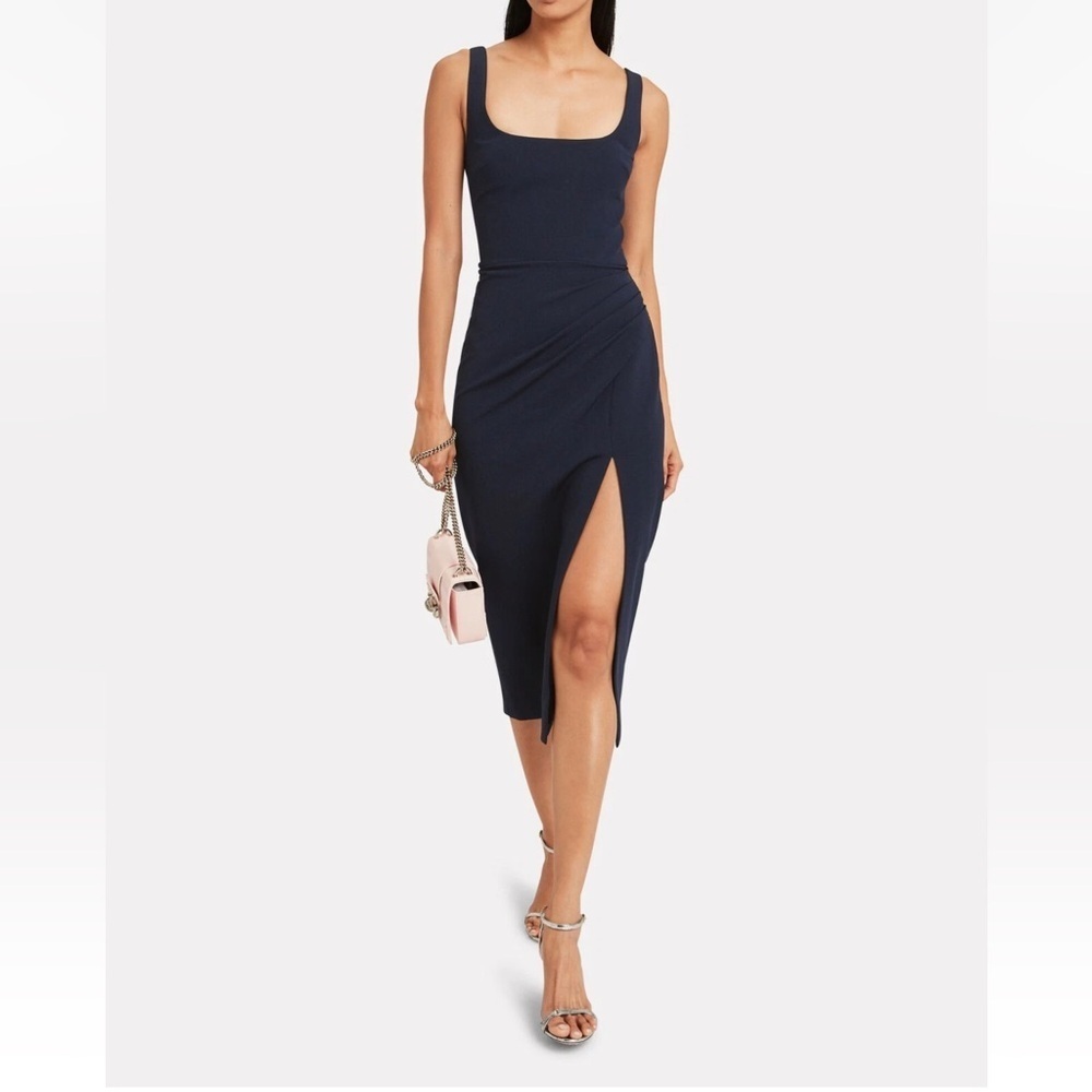 CUSHNIE Black Square Neck Ruched Side Slit Dress sz 0